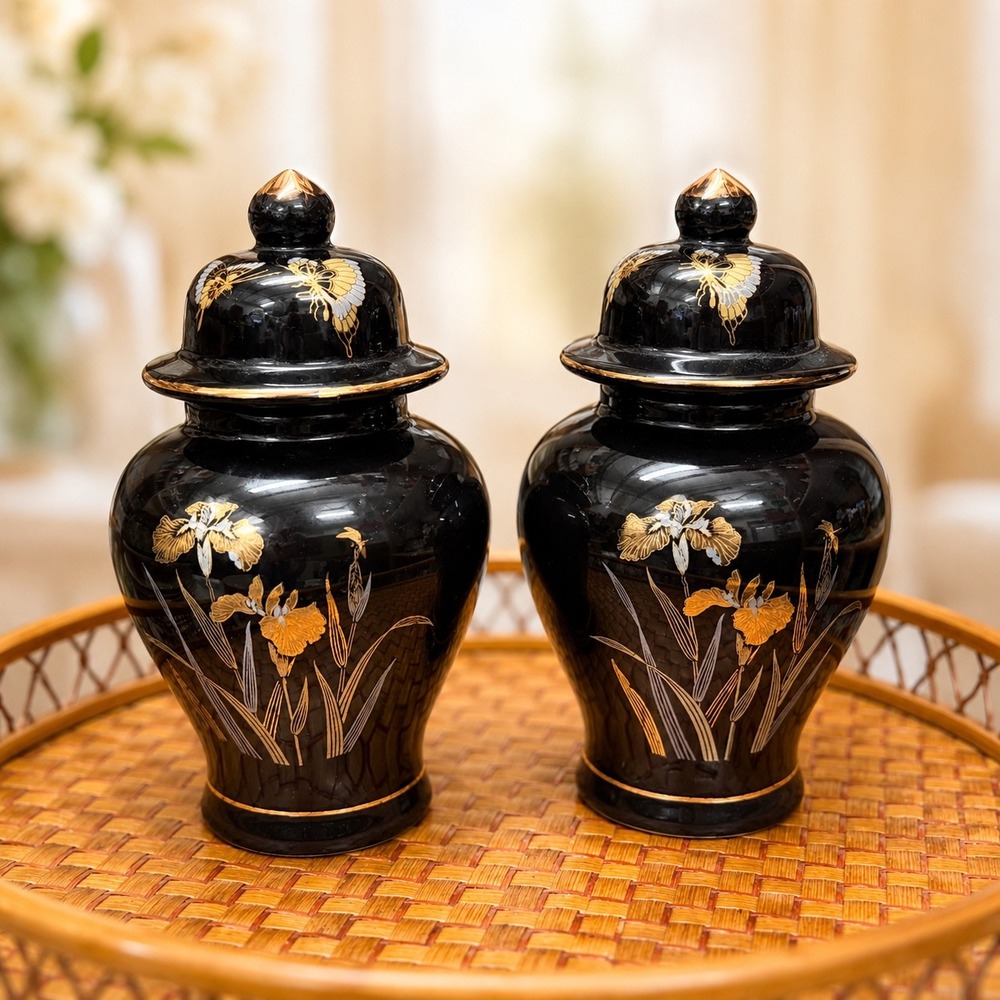 Vintage Pair Black Porcelain Ginger Jars Gold Silver Iris Butterfly Japan 6in